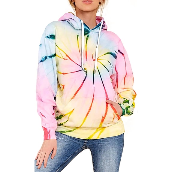 Lumento Women's Casual Tie Dye Pullover Hoodies Tops Long Sleeve Drawstring Sweatshirts with Pocket S-XXL Colorful L