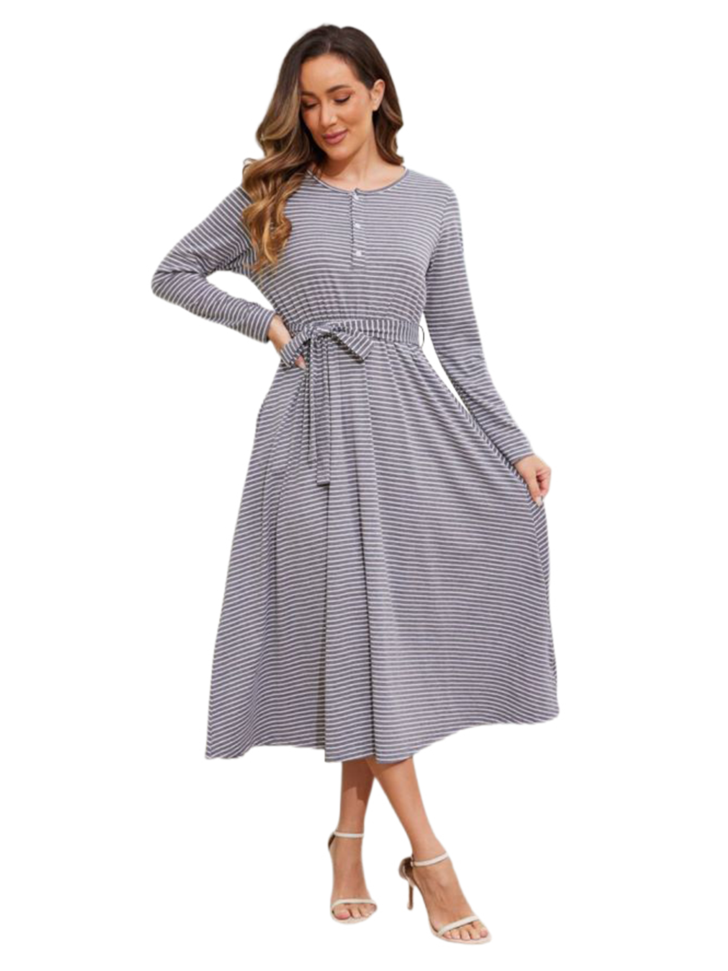 Lumento Women's Fall Midi Dress Casual Long Sleeve Striped Dresses Wrap ...