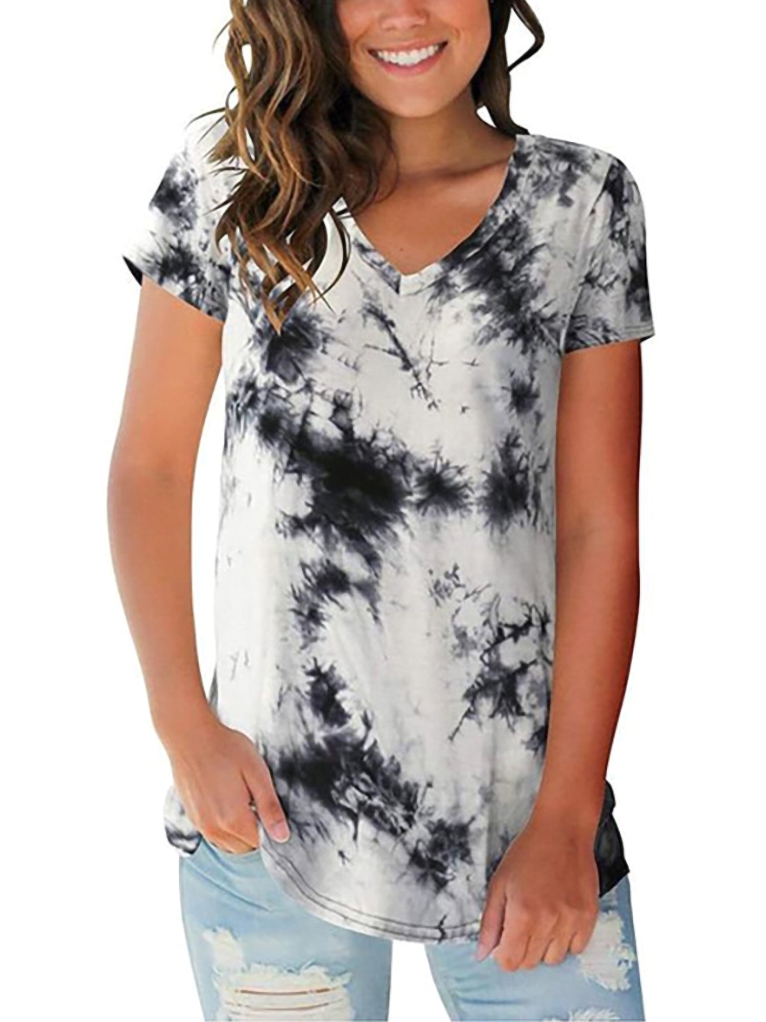 Lumento Womens Floral Basic V Neck Short Sleeve T Shirts Summer Casual ...