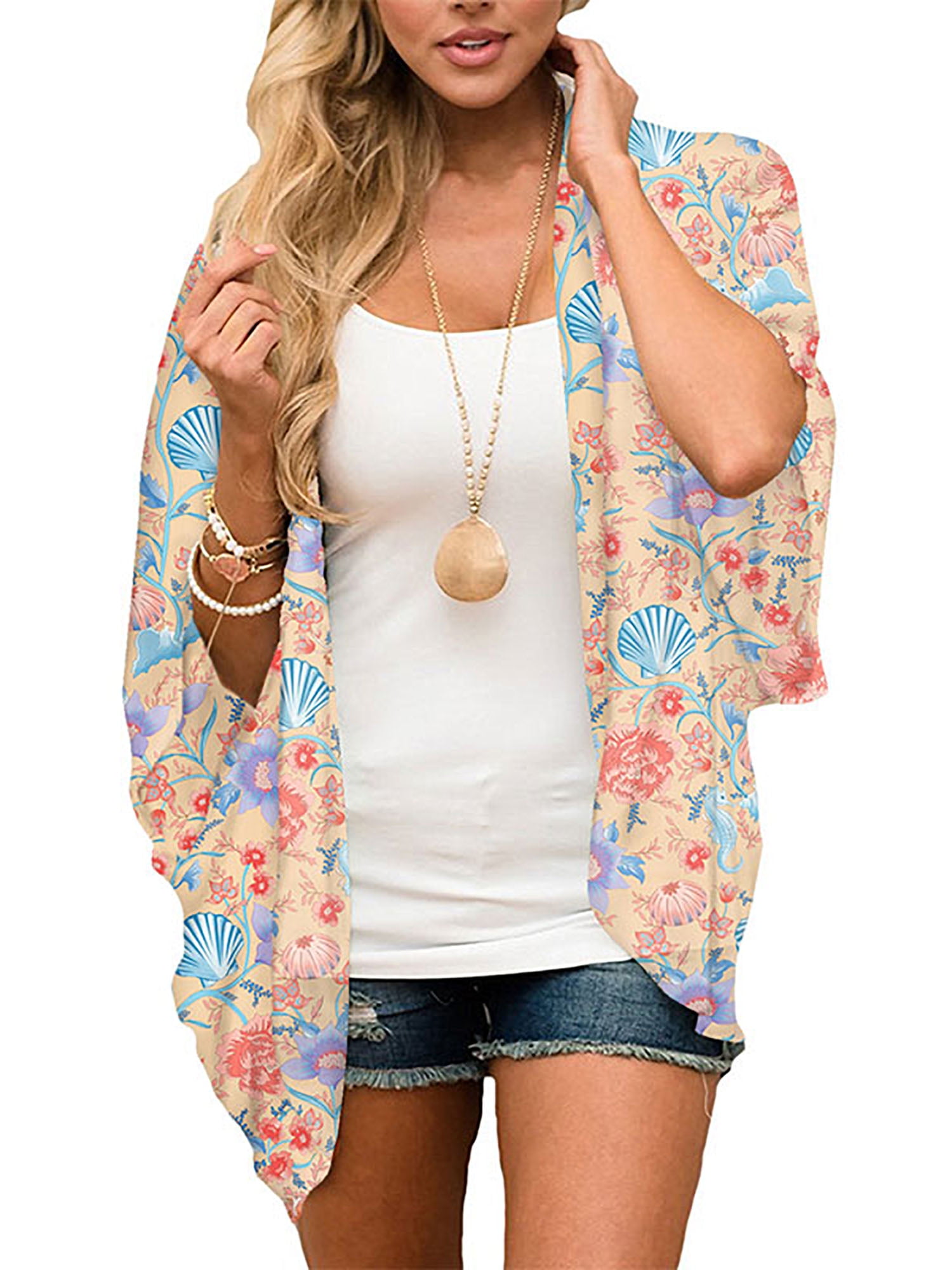 Women's Floral Chiffon Kimono Cardigan - Beach Cover Up, Open Front, Boho Style (Large, Green) - View #7