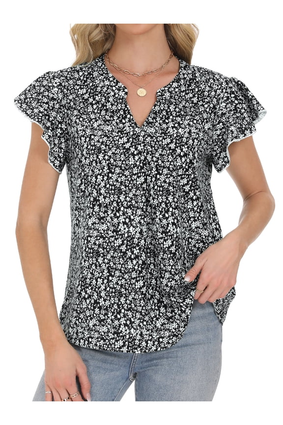 Womens Tops Dressy Floral Short Sleeve T-Shirts Trendy Ruffle Loose V-Neck Tunic Tops Beach Boho Casual Tee