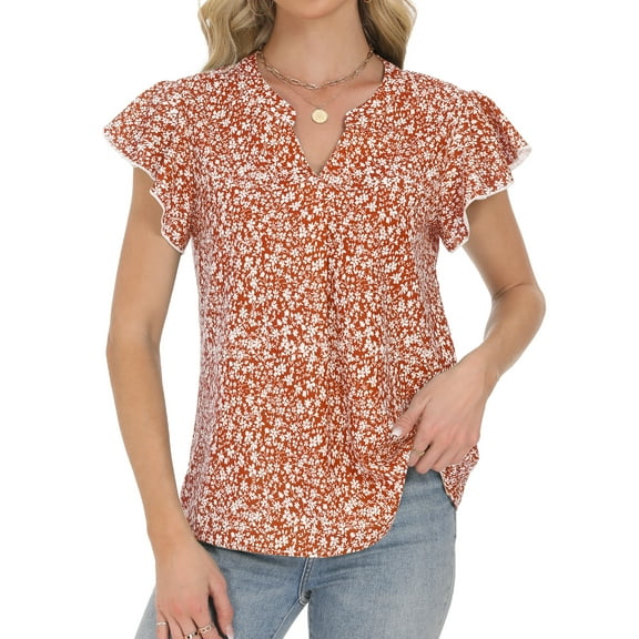 Sexy Dance Womens Tops Dressy Floral Short Sleeve T-Shirts Trendy Ruffle Loose V-Neck Tunic Tops Beach Boho Casual Tee