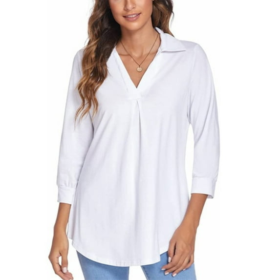 Lumento Womens V Neck Shirts Casual Plain Color 3/4 Sleeve Blouses Trendy All-match Lapel Tunic Tops with Leggings
