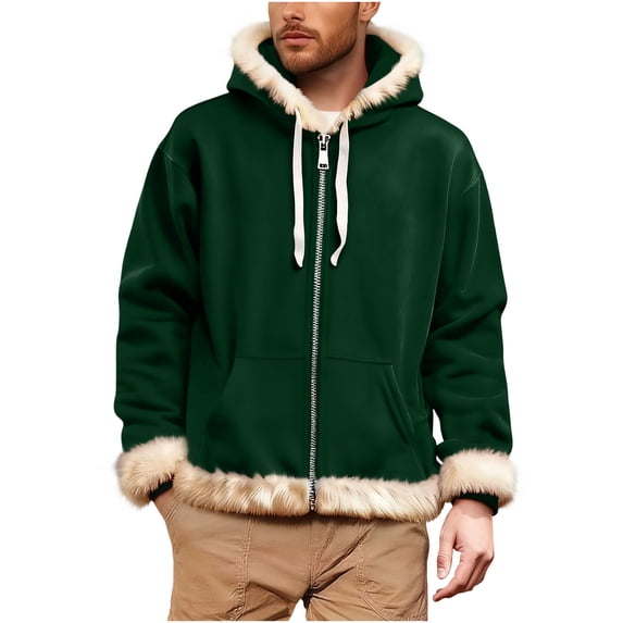 Lumeqa Christmas Men's Full Zip Up Hoodies Women Unisex Santa Claus Xmas White Faux Fur Trim Warm Hooded Coat with Pocket
