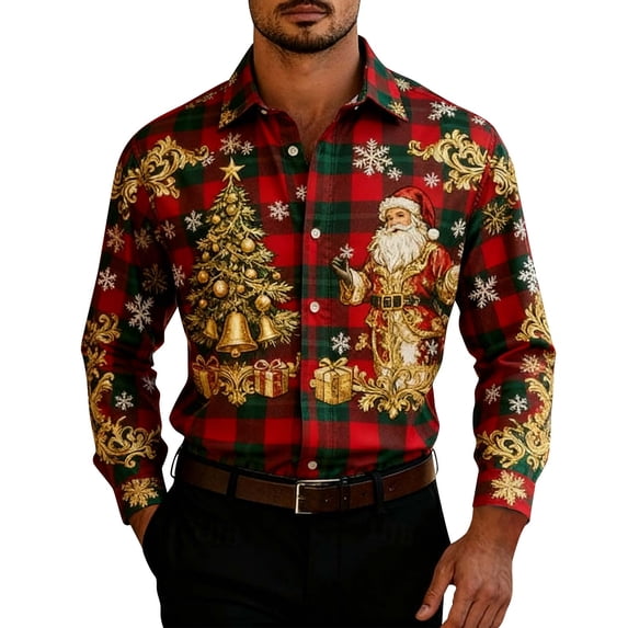 Lumeqa Christmas Shirts for Men Long Sleeve Button Down Dress Shirt Novelty Hawaiian Tops Ugly Xmas Holiday Party Clothes