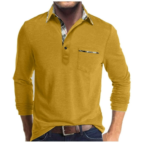 Lumeqa Long Sleeve Shirts for Men's Long Sleeve Polo Shirts Casual Button Classic Work Shirt Cotton Collared Basic Golf Shirt with Pocket Yellow S
