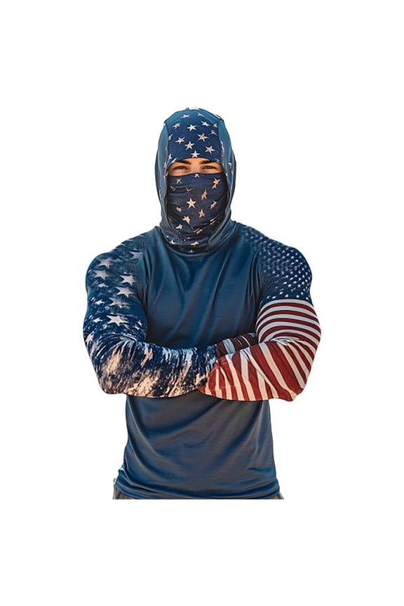 Men's Hooded UPF 50+ Sun Protection with Mask Athletic Fishing Shirts USA Flag Rash Guards T Shirts Long Sleeve