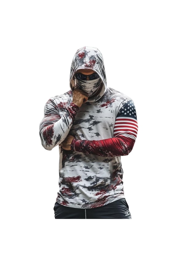 Men's Hooded UPF 50+ Sun Protection with Mask Athletic Fishing Shirts USA Flag Rash Guards T Shirts Long Sleeve