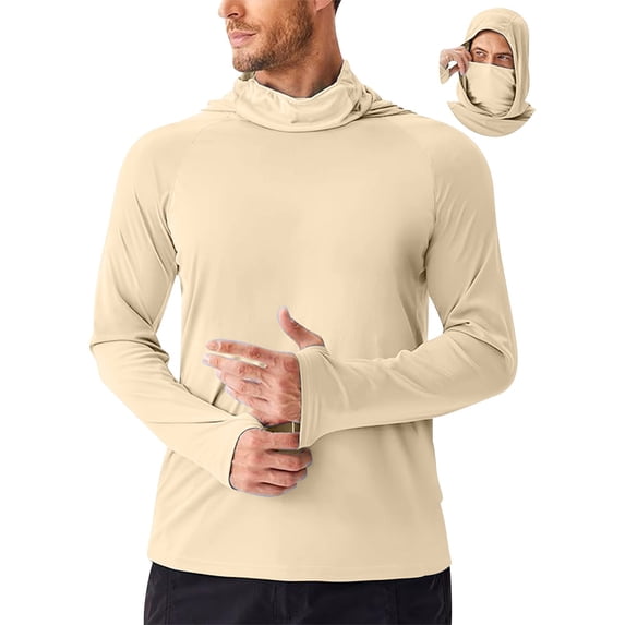 Lumeqa Men's Sun Protection Hoodie UPF 50+ Fishing Hiking Shirt UV Shirts with Mask for Men Long Sleeve Lightweight Khaki L