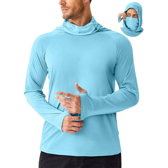 Lumeqa Men's Sun Protection Hoodie UPF 50+ Fishing Hiking Shirt UV Shirts with Mask for Men Long Sleeve Lightweight Sky Blue XXL