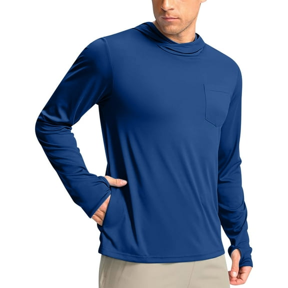 Lumeqa Men's Sun Protection Shirts UPF 50+ Long Sleeve Hoodie with 2 Pockets UV SPF Fishing Hiking Rash Guard Shirts Blue XXXL