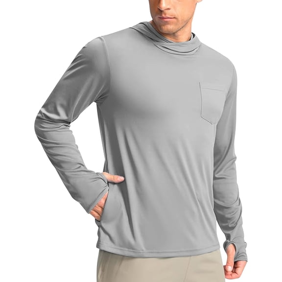 Lumeqa Men's Sun Protection Shirts UPF 50+ Long Sleeve Hoodie with 2 Pockets UV SPF Fishing Hiking Rash Guard Shirts Gray XXXL