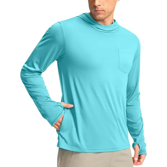 Lumeqa Men's Sun Protection Shirts UPF 50+ Long Sleeve Hoodie with 2 Pockets UV SPF Fishing Hiking Rash Guard Shirts Mint Green XXL