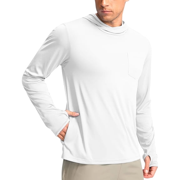 Lumeqa Men's Sun Protection Shirts UPF 50 Long Sleeve Hoodie with 2 Pockets UV SPF Fishing Hiking Rash Guard Shirts White L