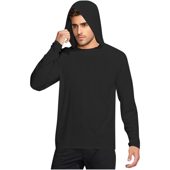 Lumeqa Men's UPF 50+ Hoodie Shirts Long Sleeve Sun Protection Fishing Swim Lightweight UV SPF Running Rash Guard Quick Dry Shirt Black L