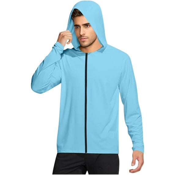 Lumeqa Men's UPF 50+ Light Jacket Full Zip Sun Protection Hoodie Long Sleeve Sun Shirts for Men Hiking Fishing Zip Sky Blue XXL