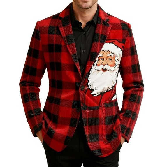 Lumeqa Men's Ugly Christmas Blazer Corduroy Xmas Print Holiday Party Jacket Two Button Slim Fit Business Office Blazers with Pockets