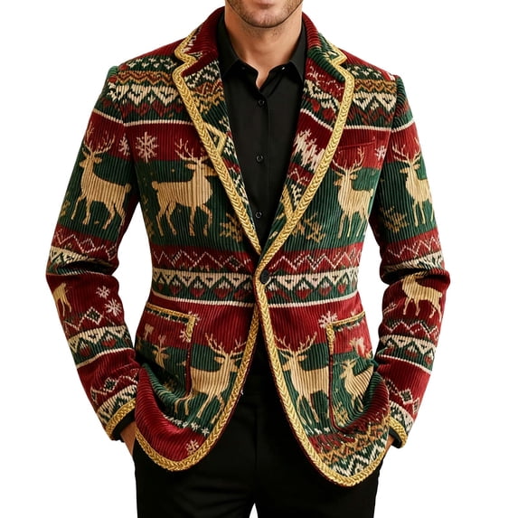Lumeqa Men's Ugly Christmas Blazer Corduroy Xmas Print Holiday Party Jacket Two Button Slim Fit Business Office Blazers with Pockets