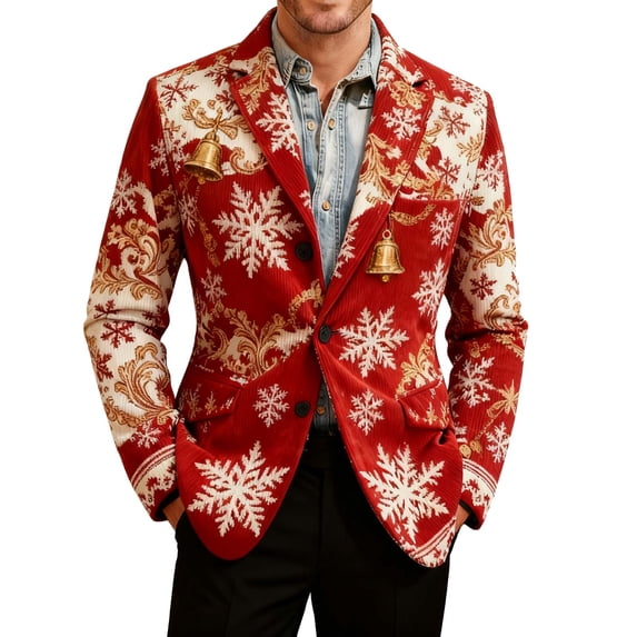 Lumeqa Men's Ugly Christmas Blazer Corduroy Xmas Print Holiday Party Jacket Two Button Slim Fit Business Office Blazers with Pockets