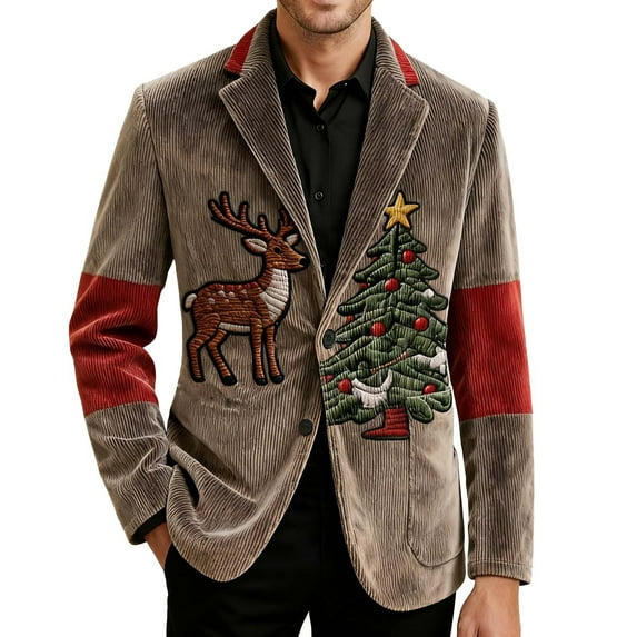 Lumeqa Men's Ugly Christmas Blazer Corduroy Xmas Print Holiday Party Jacket Two Button Slim Fit Business Office Blazers with Pockets
