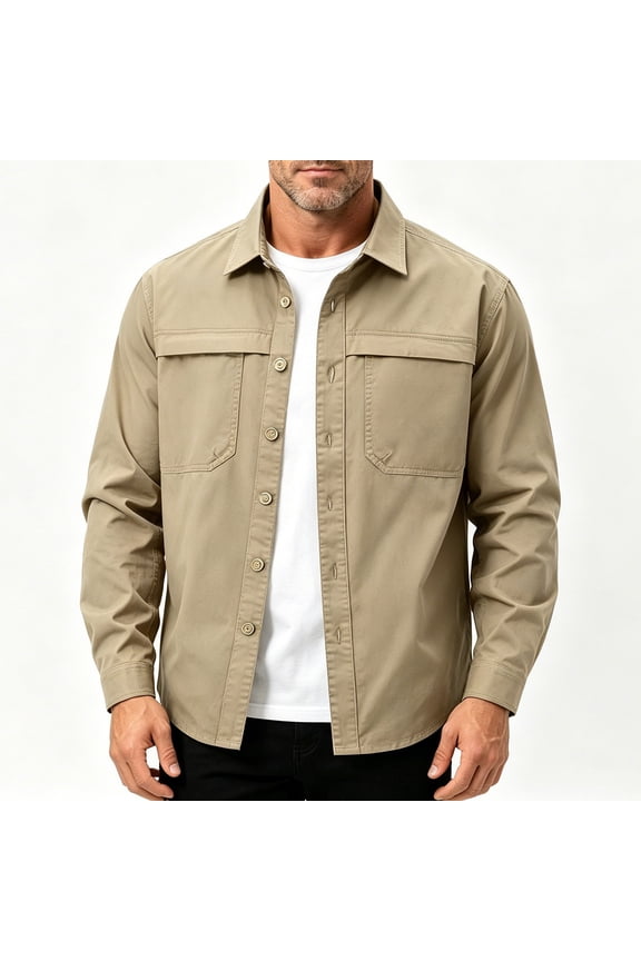 Men's Work Shirt Jacket Button Front Spread Collar Long Sleeve Utility Shacket with Dual Chest Pockets for Daily Wear