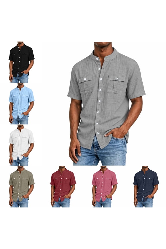 Mens Short Sleeve Mandarin Collar Button Down Shirt Casual Shirts for Men Regular Fit Cargo Tops with Pockets