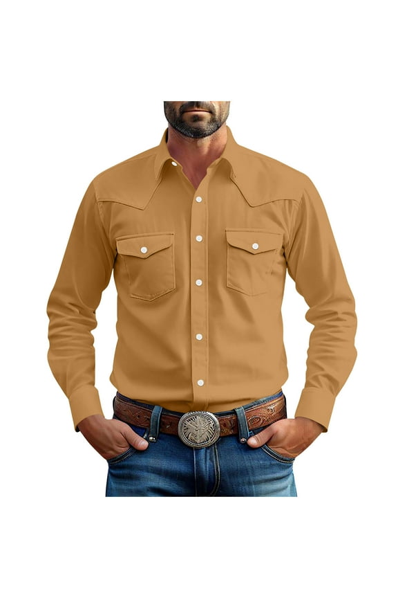 Mens Western Cowboy Shirts Button Up Shirts Long Sleeve Work Shirts for Men with Two Pockets