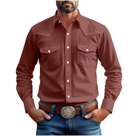 Lumeqa Mens Western Cowboy Shirts Button Up Shirts Long Sleeve Work Shirts for Men with Two Pockets