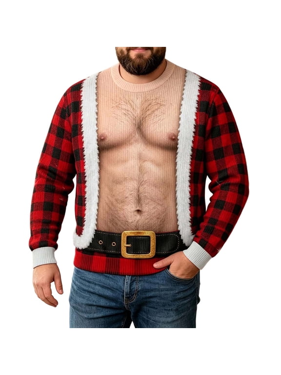 Unisex Ugly Christmas Sweater 3D Hairy Chest Print Funny Holiday Crewneck for Men and Women