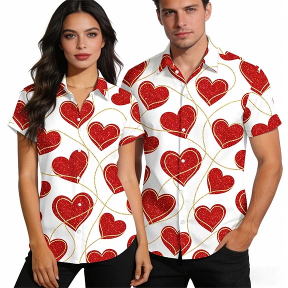 Lumeqa Valentines Couple Matching Heart Print Short Sleeve Button Down Shirt Casual Loose Fit Hawaiian Shirt for Husband Wife