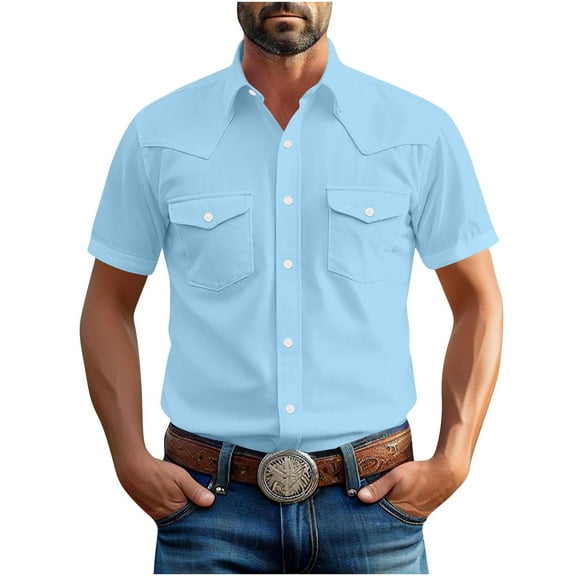 Lumeqa Western Button Up Shirts for Men Linen Shirts for Men Western Snap Short Sleeve Shirt Casual Two Pockets Cotton Linen Classic Work Shirts