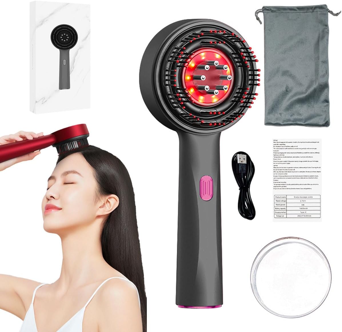 Lumetra Red Light Hair Massager,Lumetra Red Light Massager,Lumetra Hair Massager Brush,Scalp Massager with 3 Gears,Electric Scalp Massager and Hair Oil Applicator (Black)