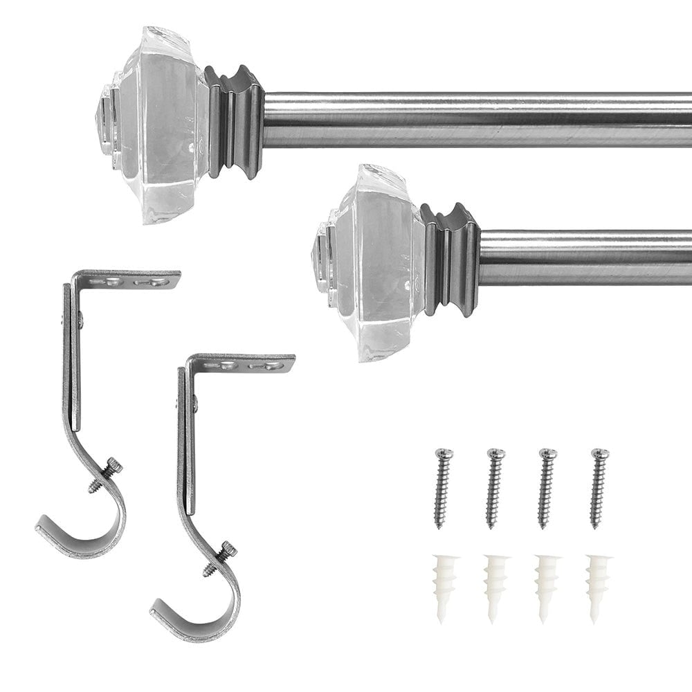 Lumi 1" Single Curtain Rod Set Brushed Nickel- Crystal Square  finials 36"-72" - Brushed Nickel