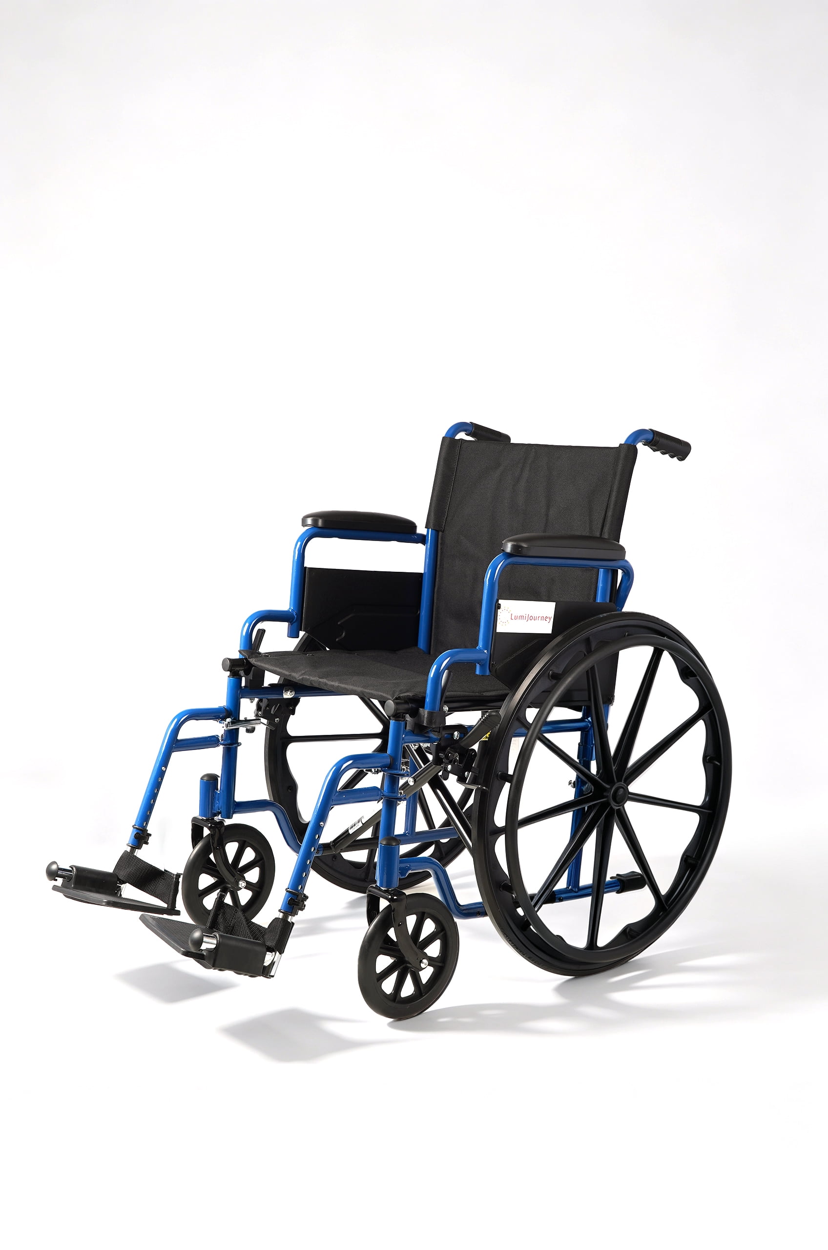 Lumi Blue Wheelchair with Padded Desk Arm, Adjustable Leg Rests, 18'' Seat
