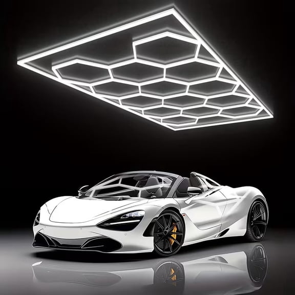 Lumi Home 14 Grids Hexagon Garage Lights, LED Honeycomb Ceiling Light with Rectangle Frame, 6500K Cool White, AC100-240V for Garage, Gym, Barber Shop & Auto Detailing