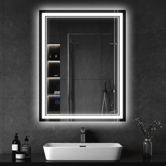 Lumi Home 28"x36" LED Bathroom Vanity Mirror, 3000‑6000K Dimmable Lighted Mirror, Anti‑Fog Memory Function, Tempered Aluminum Mirror, Dual LED Backlit & Front‑lit, Wall Mount