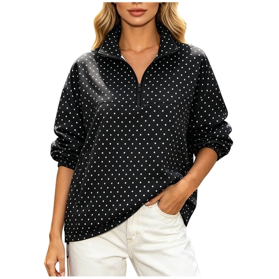 LumiAtelier Ladies Soft Knit Polka Dot Pullover Half Zip Stand Collar Long Sleeve Windproof Cuff Sweatshirt For Fall Winter Daily Outing