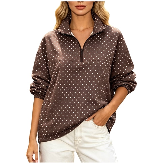 LumiAtelier Ladies Soft Knit Polka Dot Pullover Half Zip Stand Collar Long Sleeve Windproof Cuff Sweatshirt For Fall Winter Daily Outing