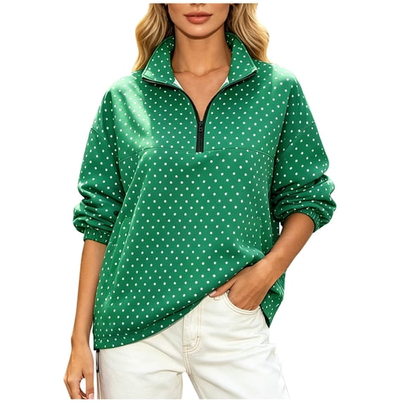 LumiAtelier Ladies Soft Knit Polka Dot Pullover Half Zip Stand Collar Long Sleeve Windproof Cuff Sweatshirt For Fall Winter Daily Outing