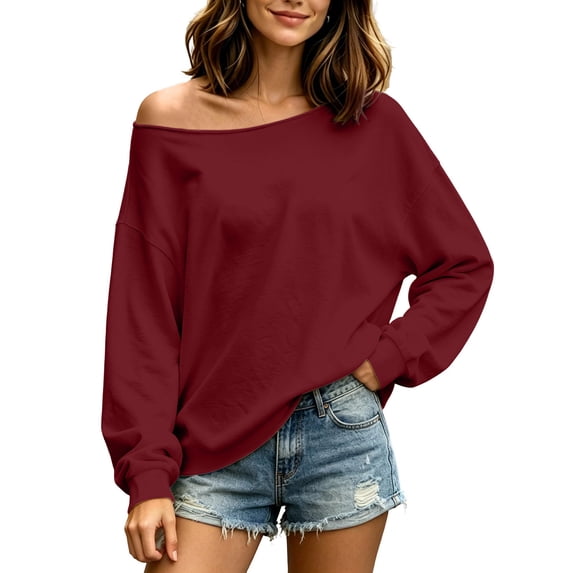 LumiAtelier Oversized Off Shoulder Long Sleeve Sweatshirt Women Soft Breathable Daily Pullover Tops Repeated Wash Resistant For Winter Casual Vacation Look