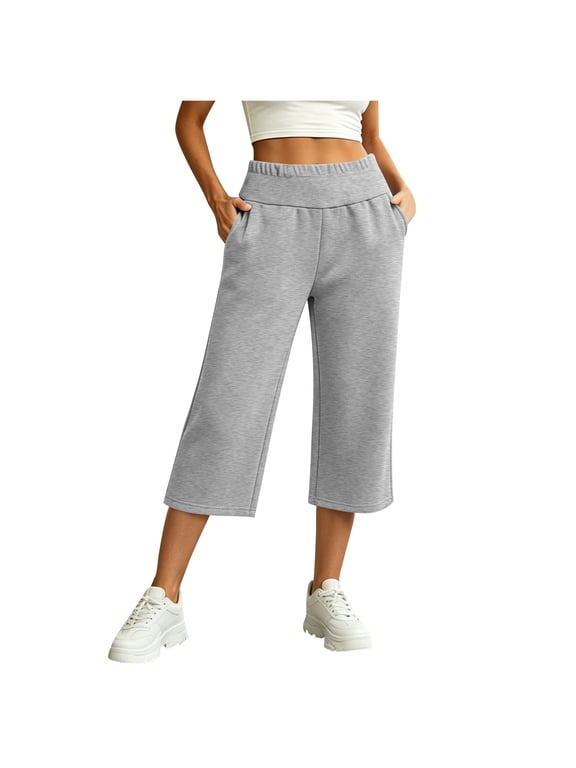LumiAtelier Womens Stretch Fleece Cropped Pants Elastic Drawstring Waist Loose Casual Pants With Side Pockets
