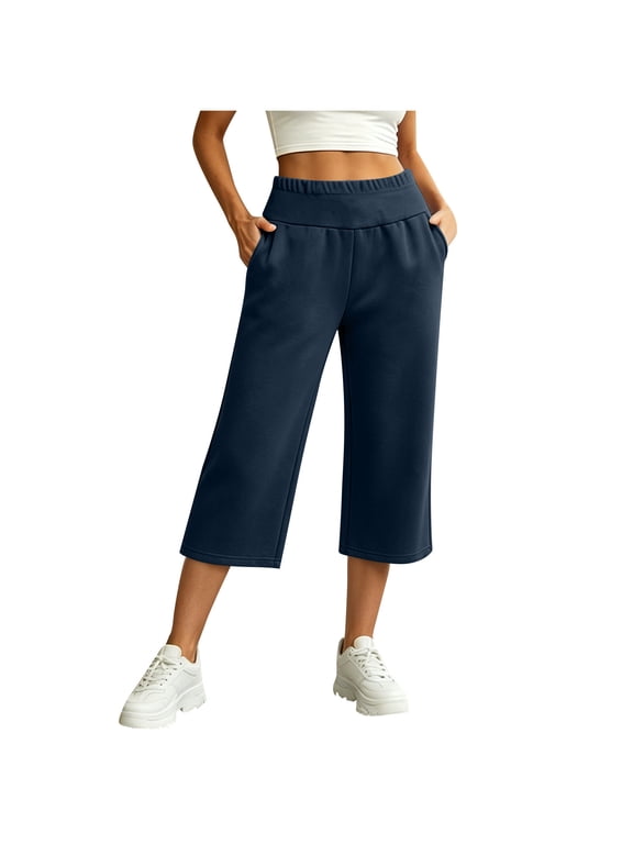 LumiAtelier Womens Winter Casual Capri Joggers Stretch Fleece Fabric Drawstring Elastic Waist Button Cuff Loose Cropped Pants With Side Pockets