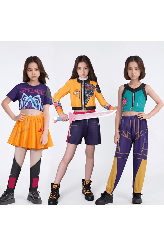 G'irl's Halloween Costume, Pop Singers Idol Group Fancy Dress up Outfit with Tank Jacket & Shorts, Halloween Cosplay Stage Performance Suit for Carnival & Party Events