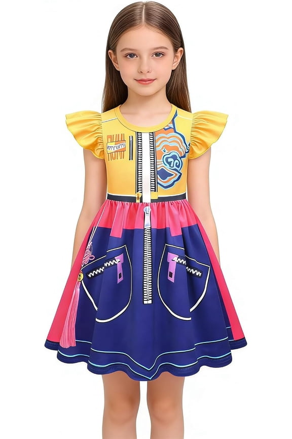 G'irl's Princess Costume, Cartoon Print Flutter Sleeves Dress, Popular Singer Idol Group Daily Dress, Halloween Cosplay Costume for Dress Up &  Birthday Party