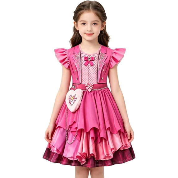 LumiHeily Pink Princess Dress for G'irls, 3D Print Short Sleeve Ruffle Dresses, Halloween Cosplay & Birthday Party Dress Up Outfit with Heart Purse