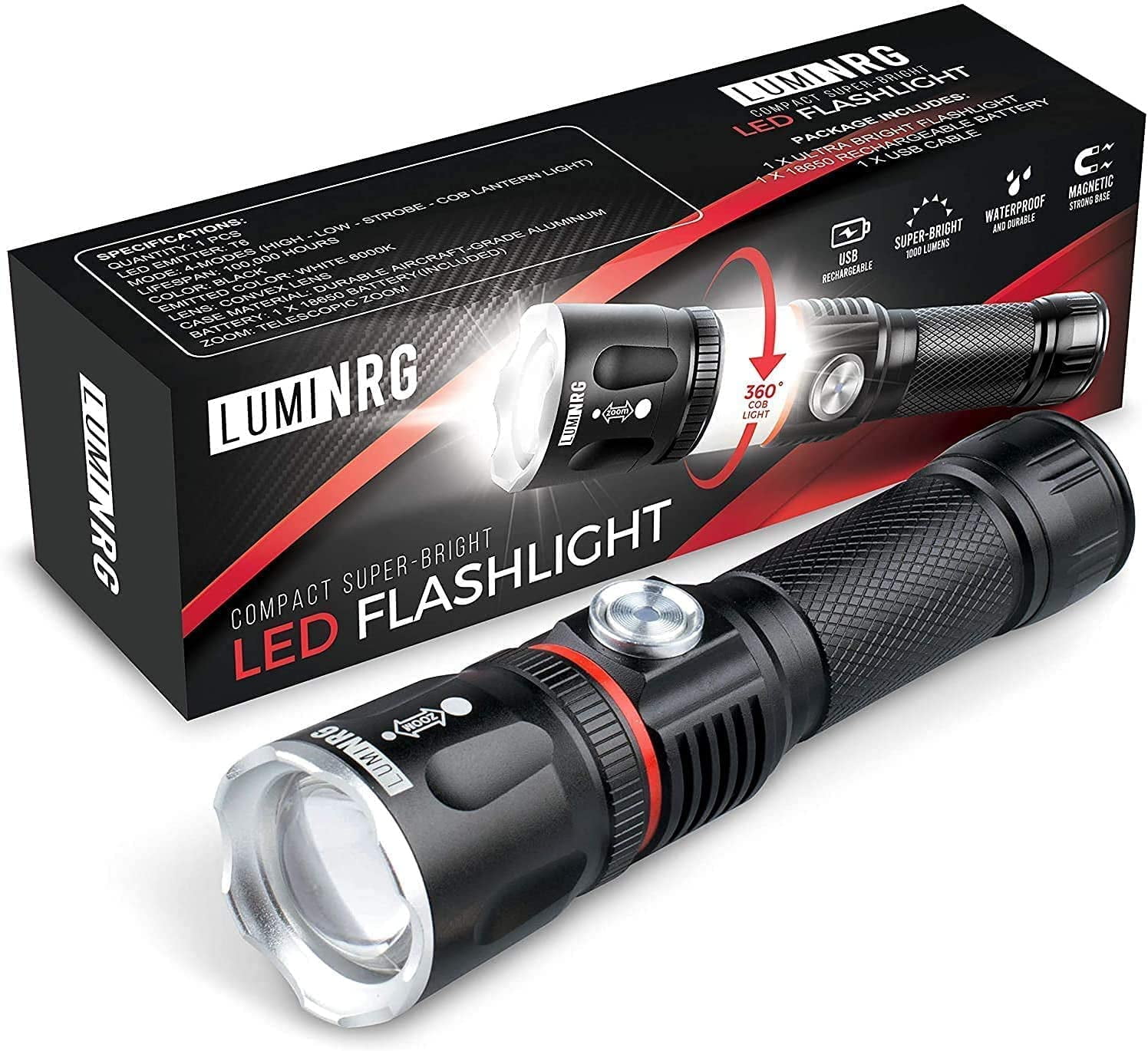 overskud forfængelighed Kæreste LumiNRG Tactical Flashlight Rechargeable High Powered 1000 Lumens LED Light  - Zoomable, 4 Modes with COB Lantern Mode - Magnetic Base, Waterproof  Ultra-Bright for Police, Emergency, Work, Hiking - Walmart.com
