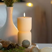 LumiPur Design Series Ribbed Natural Glow Flickering Flameless LED Wax Pillar Candle (3.5" x 7", Linen White)