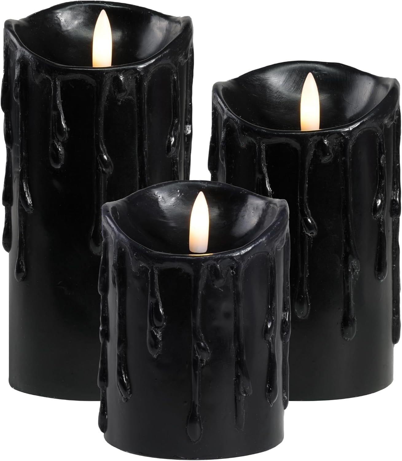 LumiPur Essentials Natural Glow Flameless Flickering Wax Drip Halloween Pillar 3 Pack LED Candles (3" x 4" 5" & 6") (Black, 3 Pack - 3" x 4" 5" & 6")