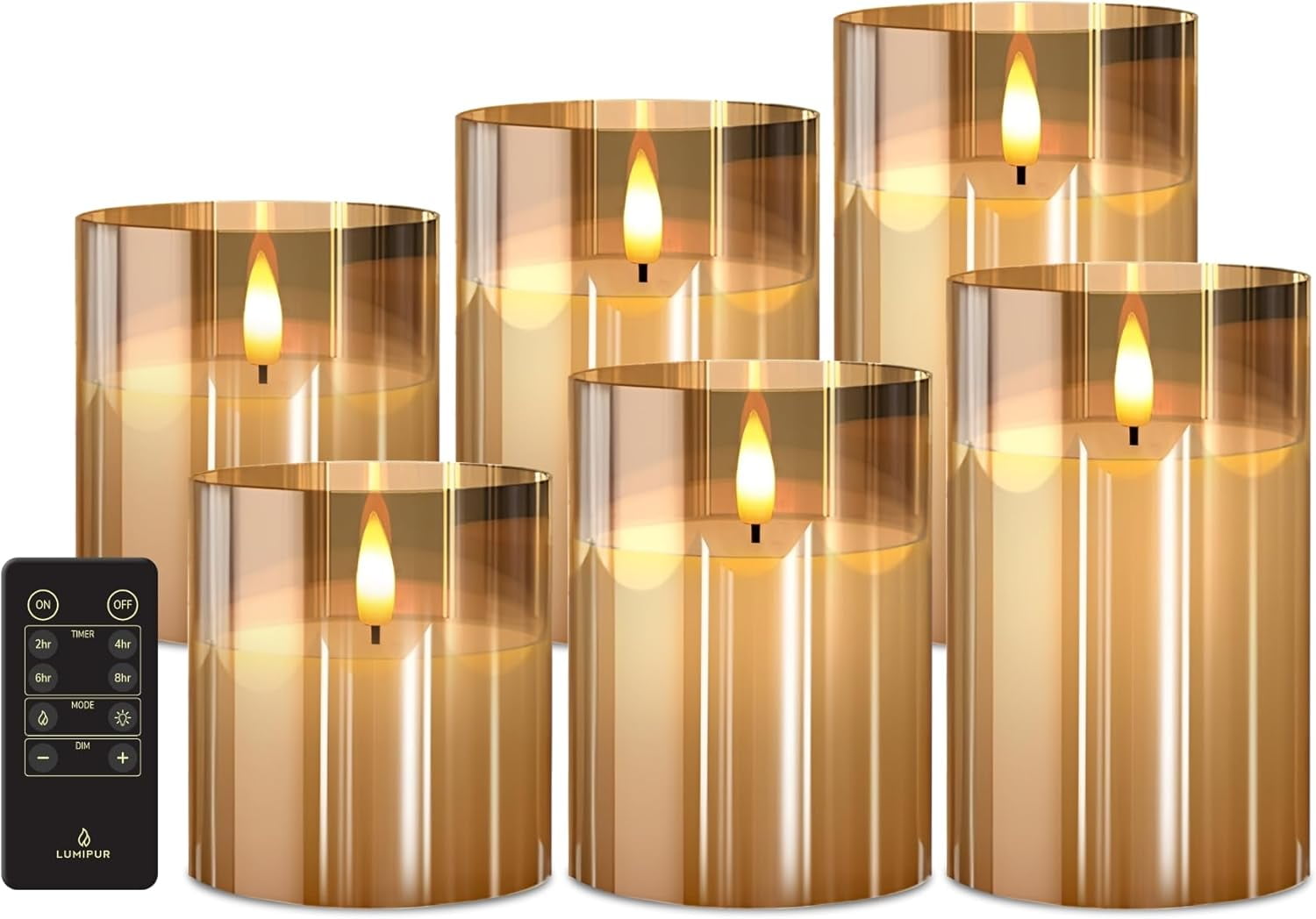 LumiPur Premium Design Series Glass Natural Glow Flameless LED Candle 6 Pack with Remote Control, 2 of Each 3.5" x 4” 5" 6", Gold