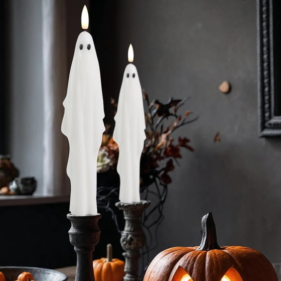 LumiPur Signature Halloween Collection Natural Glow Flickering Flameless LED Wax Taper Candle 1" x 9" (Ghosts - White, 2-Pack)
